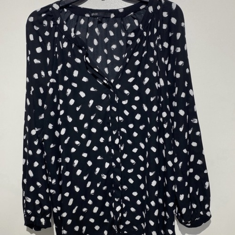 Gibson Womens Black White Brushstroke‎ Polka Dot Split V-Neck Blouse Large - Picture 3 of 12